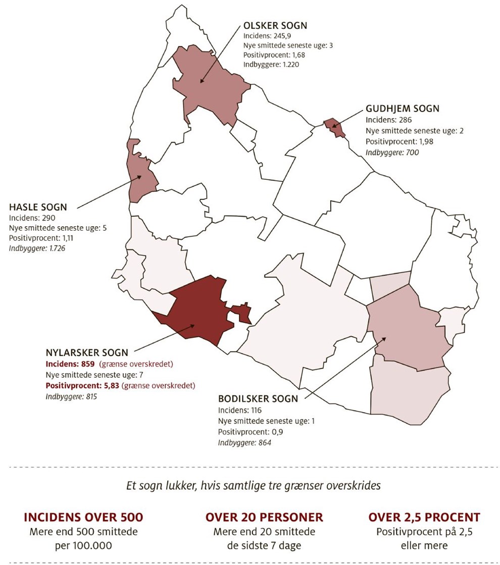 29 smittede den sidste uge: Her er kortet over de hrdest ramte sogne