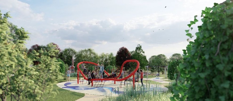 Se billederne: Legeplads med svvebaner, klatrestativer og gynger er p vej