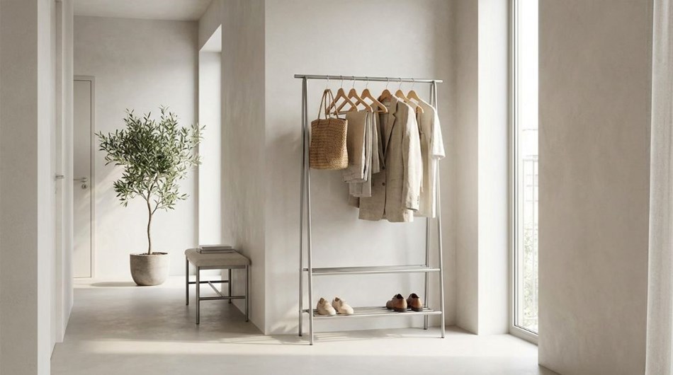 T�jstativ der skaber ro i entr�en og overblik i den lille butik