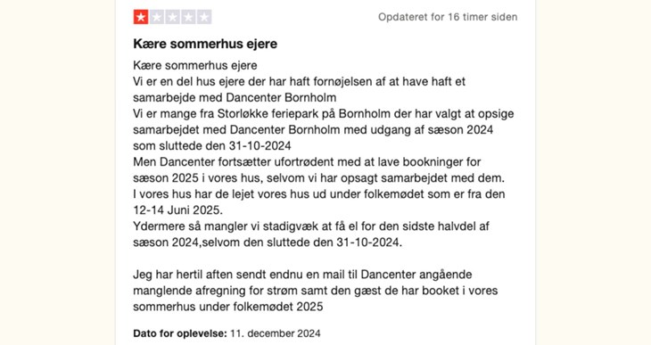 Jens Busk har givet sin anmeldelse og advarsel til andre husejere p&aring; Trustpilot, hvor Dancenter kvitterer med at svare, at de "ser frem til at l&oslash;se denne sag i mindelighed". Screenshot fra Trustpilot. 