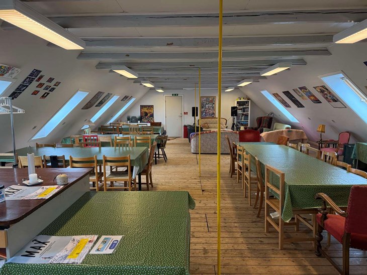 K&oslash;kkenstuen p&aring; &oslash;verste etage med masser af plads og fantastisk udsigt over Sandvig, Osand Bugten og Hammeren. Foto: Anette Vestergaard