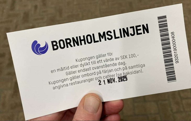 Kuponen p&aring; de 100 svenske kroner kan ogs&aring; bruges til madk&oslash;b i Ystad. Det kommer dog nok til at knibe lidt med tiden, hvis man vil med f&aelig;rgen. Foto: Paw Brylet